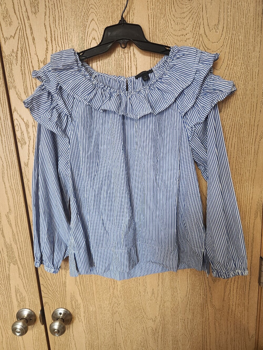 J. Crew Women's Blue Striped Ruffle Off-Shoulder Boho coastal Blouse